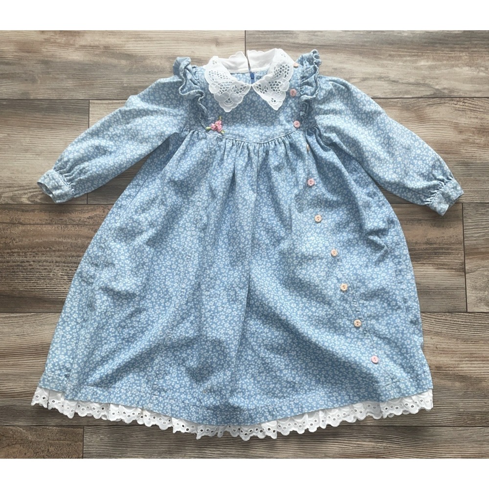 Vintage 1980s Toddler‎ Girl 4 Blue Ditzy Floral Cotton Lace Collar Easter Outfit